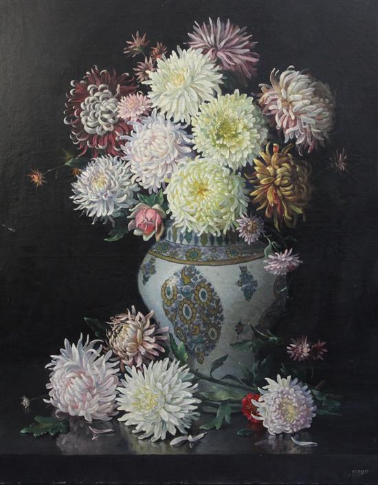 Roger-Marios Debat (1906-1972) Still life of chrysanthemums in a faience vase 39 x 32in., unframed